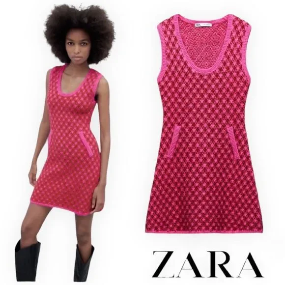 ZARA Women | Pink | PLAID KNIT DRESS - Picture 1 of 11
